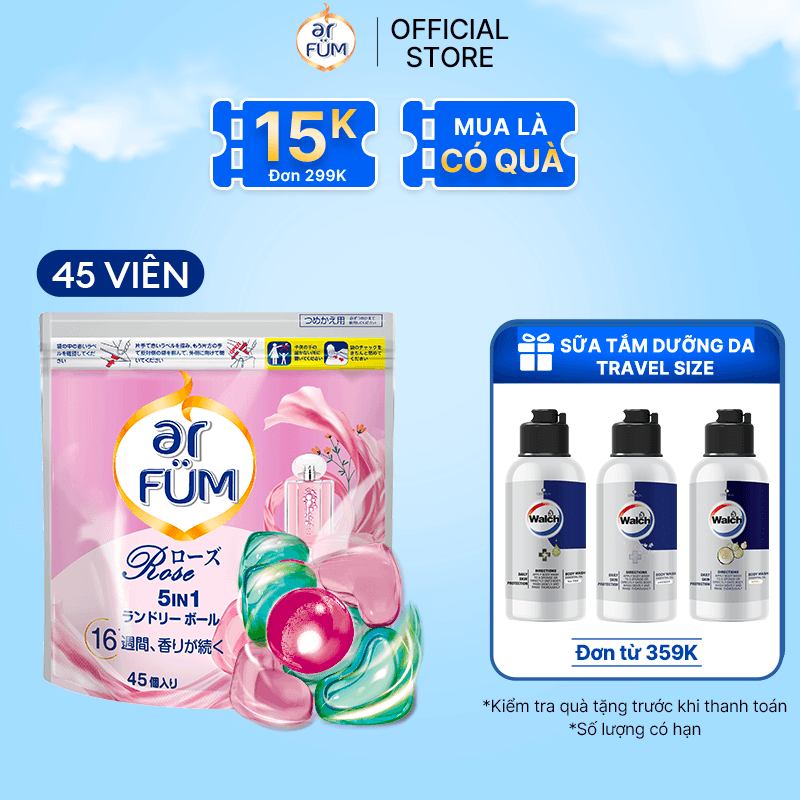 Viên giặt Quần áo arFUM 5 trong 1 MỚI thơm tinh dầu nước hoa, khử khuẩn 99 - 4 mùi hương túi 45 viên - Rose