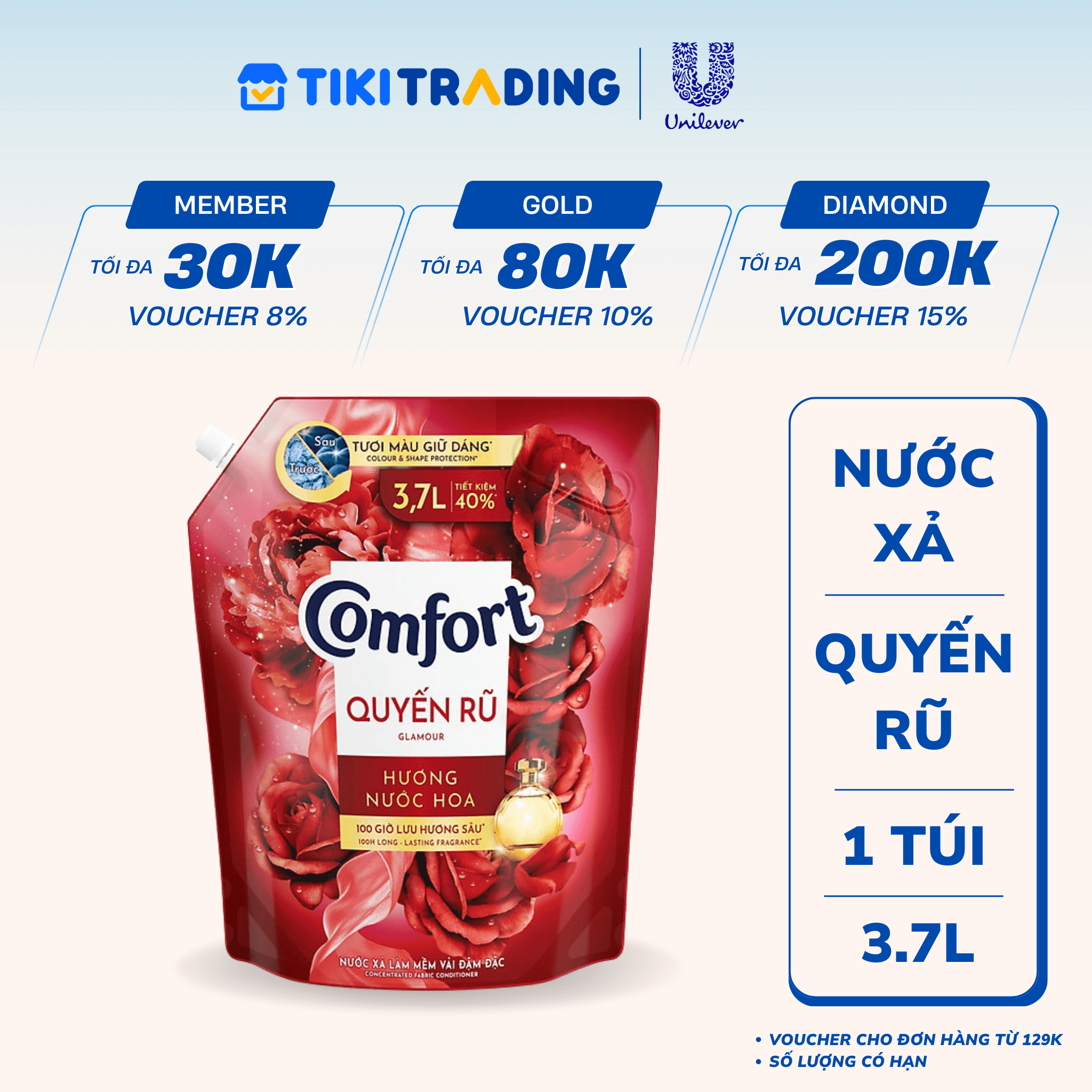 Nước Xả Vải Comfort Thơm Mát Gấp 10 LầnHương Nước Hoa Quyến Rũ 100 Giờ Lưu Hương Túi 3.7L