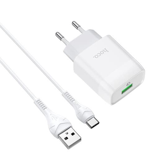 Bộ sạc nhanh 18W Hoco C72Q chuôi dẹt chất liệu cao cấp kèm dây sạc Type-C dài 1M cho Android  2 màu  - Hàng chính hãng - Trắng