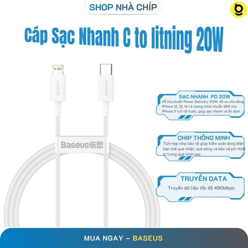 Cáp sạc nhanh siêu bền IP 20W Baseus Superior Series Fast Charging Data Cable Type-C to iP PD 480Mbps-Hỗ trợ sạc nhanh PD 20W trên iPhone 12  PD 18W trên iP11 iP XS Max- Hàng chính hãng - Trắng - 1 mét