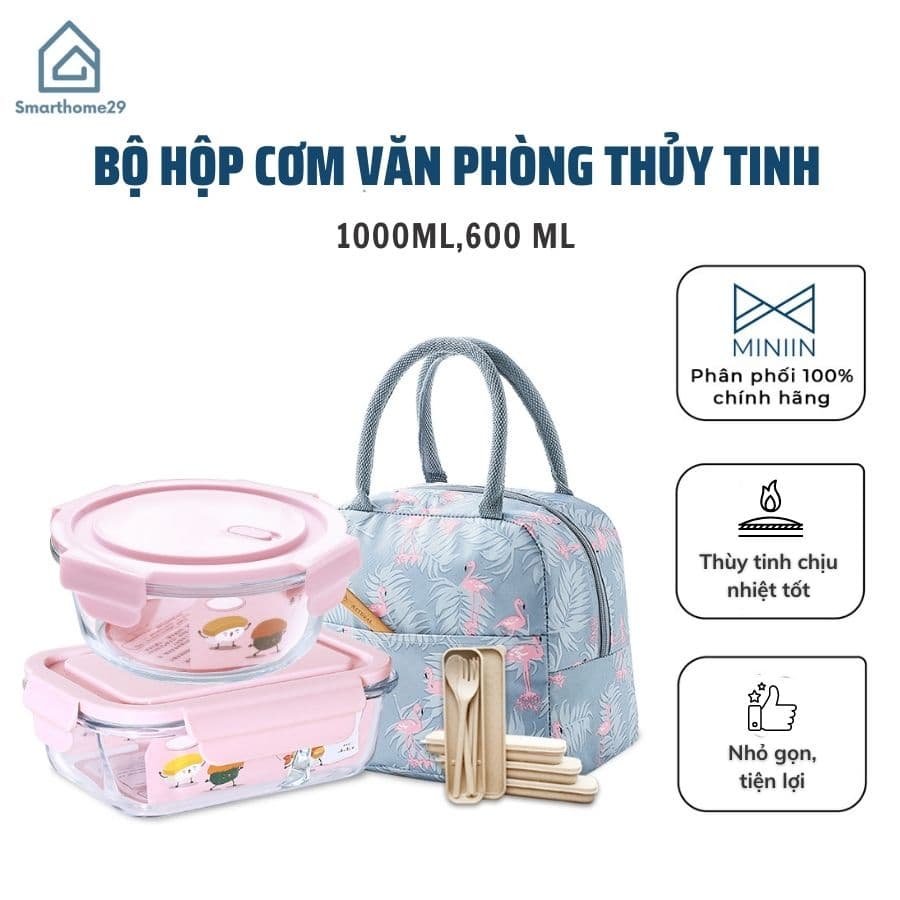 Bộ Hộp Cơm Văn Phòng, Chất Liệu Thủy Tinh Chịu Nhiệt Tốt, Nắp Nhựa PP Cao Cấp An Toàn Sức Khoẻ Tặng Kèm Bộ Thìa Đũa Và Túi Xách Tiện Lợi- Hàng Chính Hãng MINIIN - Hồng - Bộ 2 ngăn 1000ml 1hộp tròn