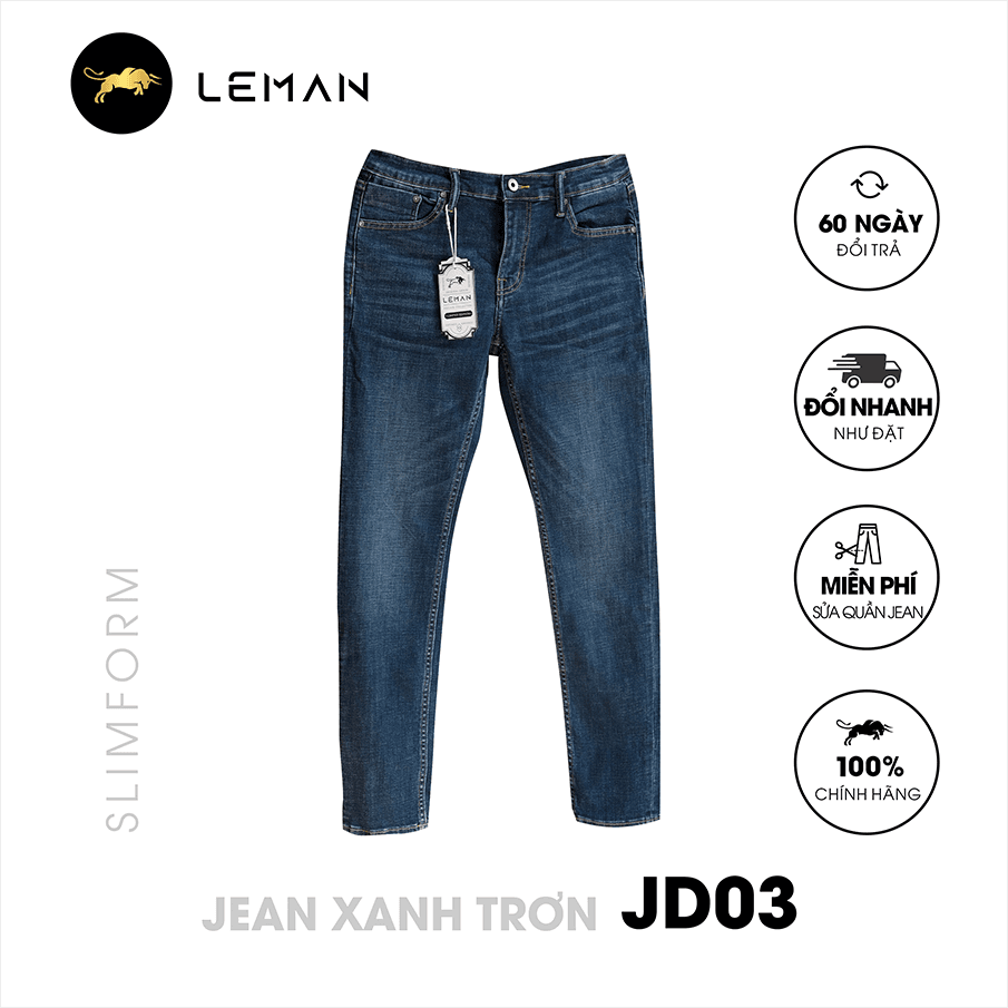 Quần Jean nam Leman xanh trơn JD03 - Slim Form - XANH JEANS - 34