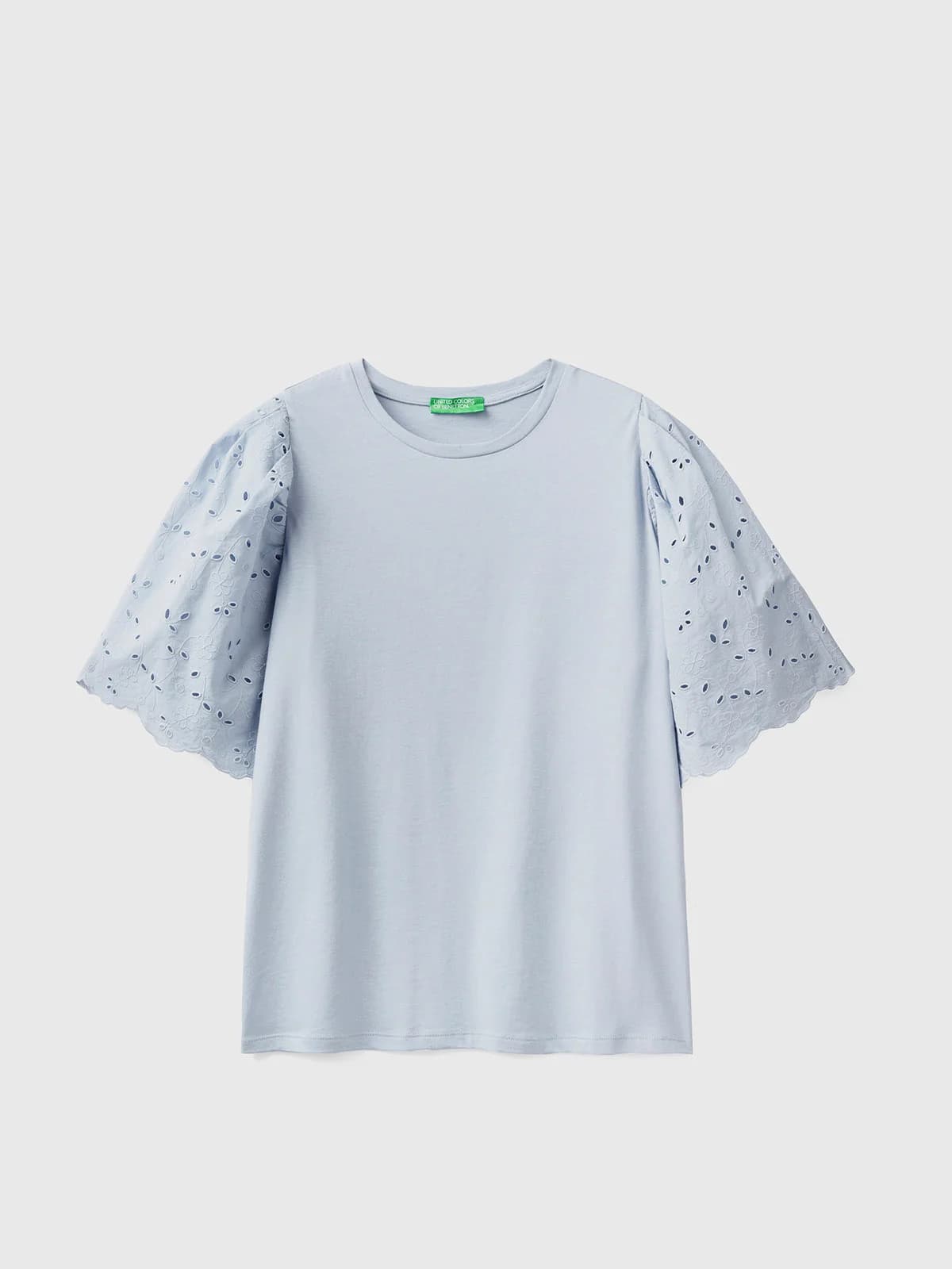 United Colors of Benetton - Áo Thun Nữ T-Shirt With Sleeves In Broderie Anglaise - SKY BLUE