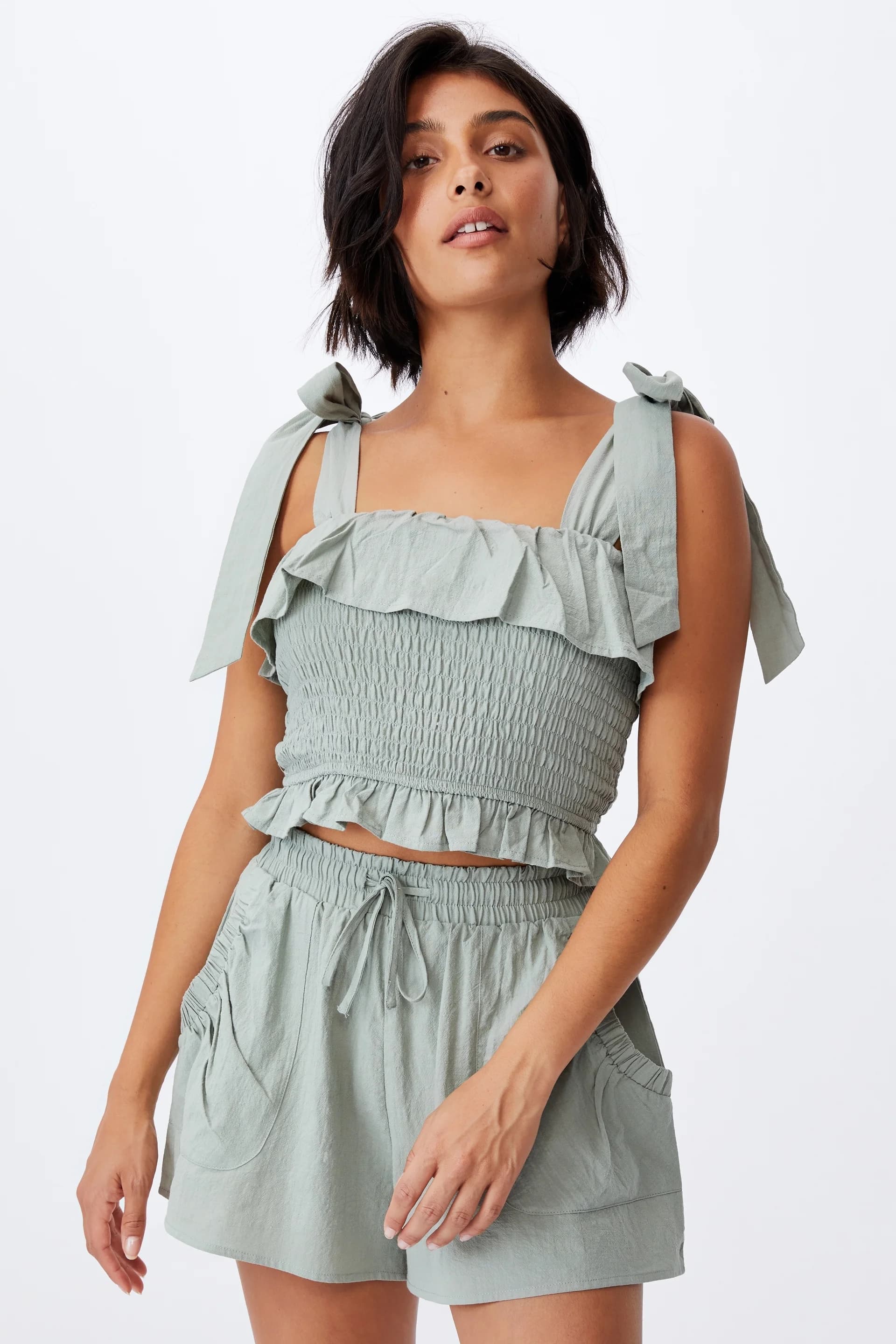 Cotton On Body - Áo Kiểu Hai Dây Nữ - Tie Shoulder Shirred Beach Top - KHAKI