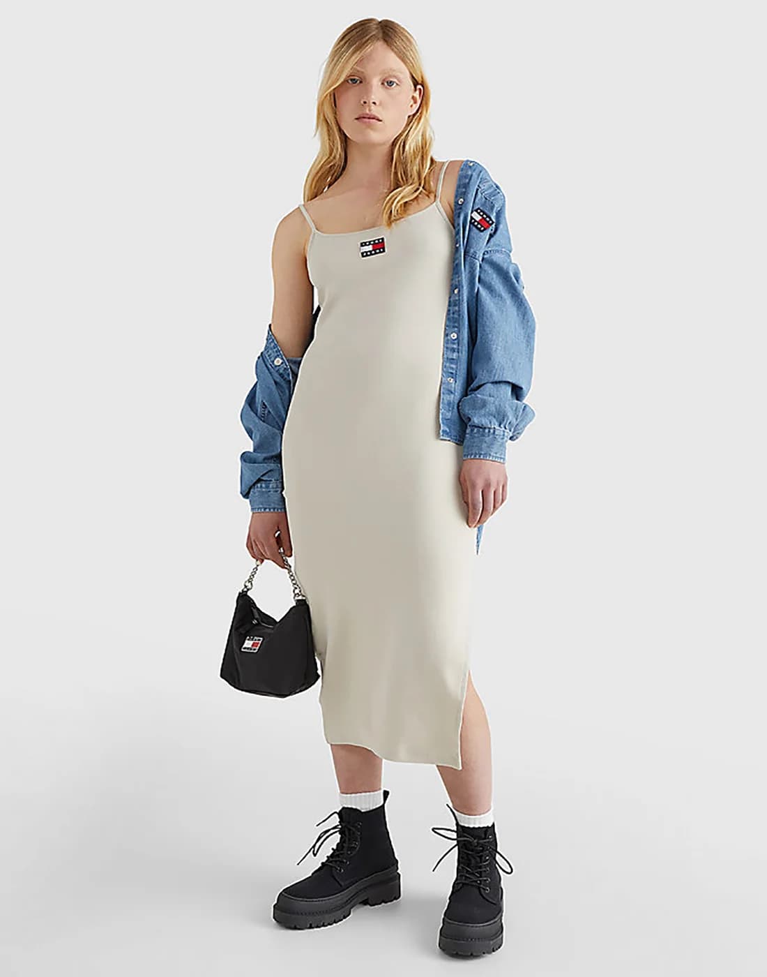 Tommy Jeans - Đầm Nữ TJW Strappy Badge Rib Midi Dre - STONY BEIGE