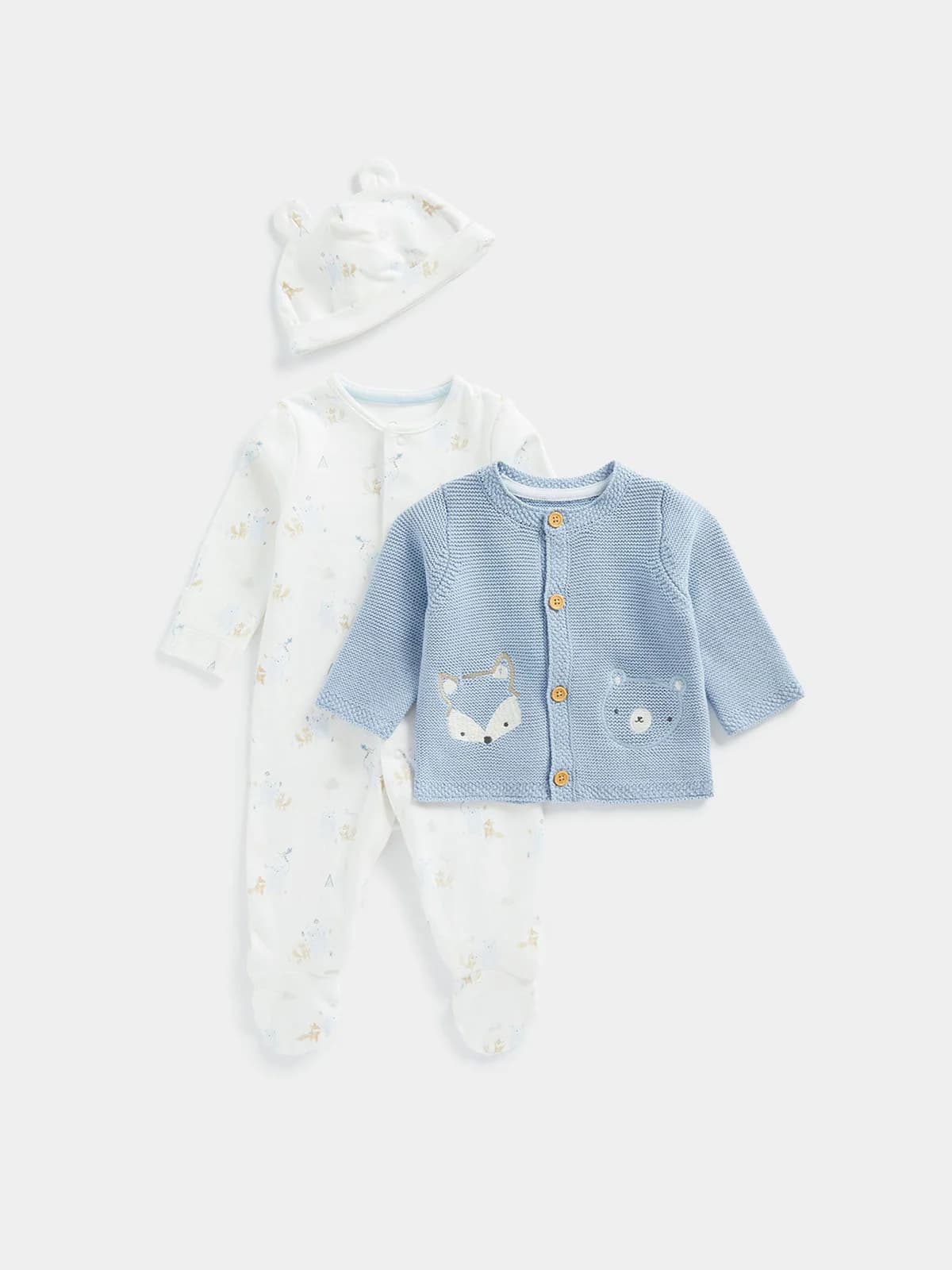 mothercare - Set 3 món - áo khoác cardigan, áo liền quần kèm nón - BLUE
