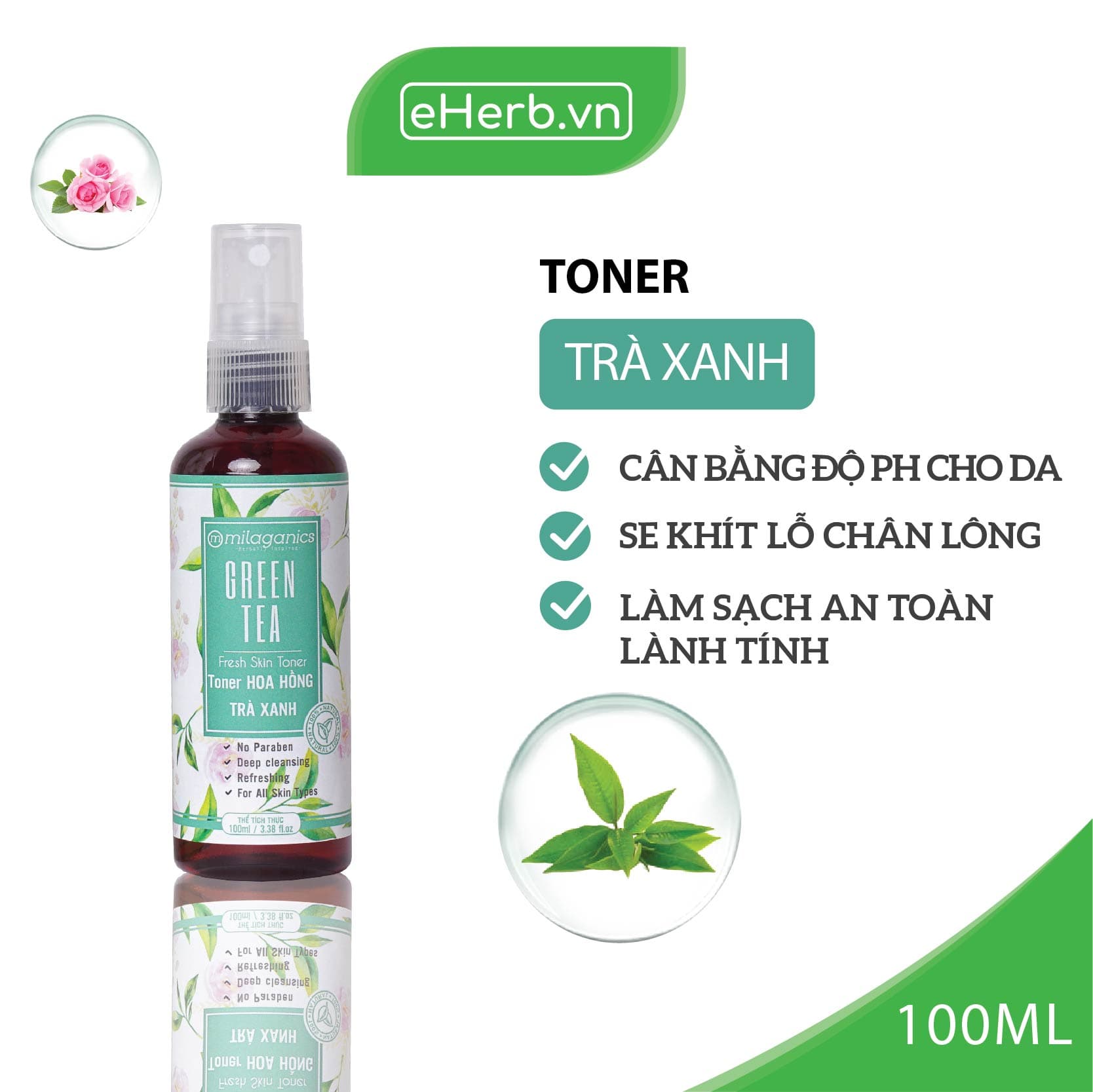 Toner Trà Xanh Cân Bằng Độ PH Se Khít Lỗ Chân Lông & Phục Hồi Cho Da Mụn Từ Chiết Xuất Trà Xanh MILAGANICS 100ml (Chai)