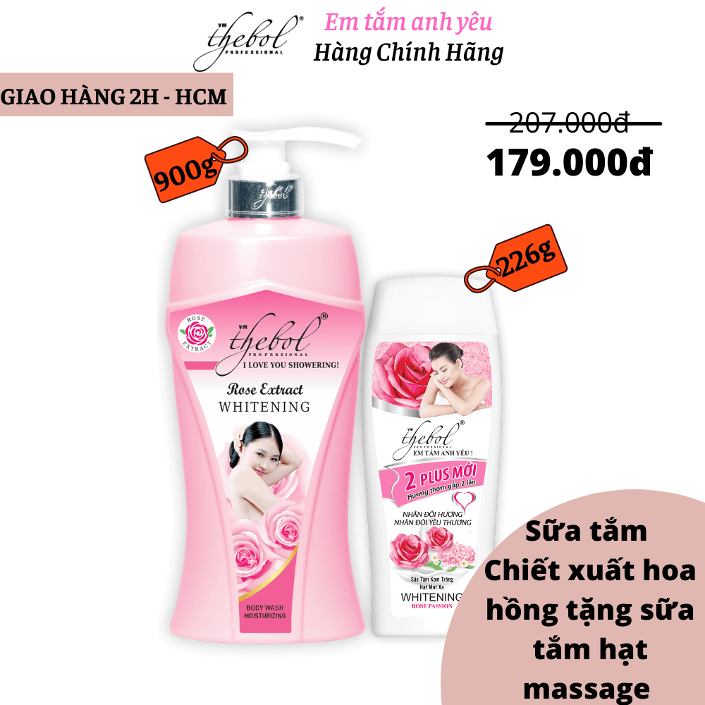 [HCM]Sữa tắm hoa hồng nước hoa tinh chất thảo dược dưỡng ẩm trắng da Thebol 900g + Sữa tắm kem trắng hạt massage chiết xuất Hoa Hồng Trắng Thebol 226g