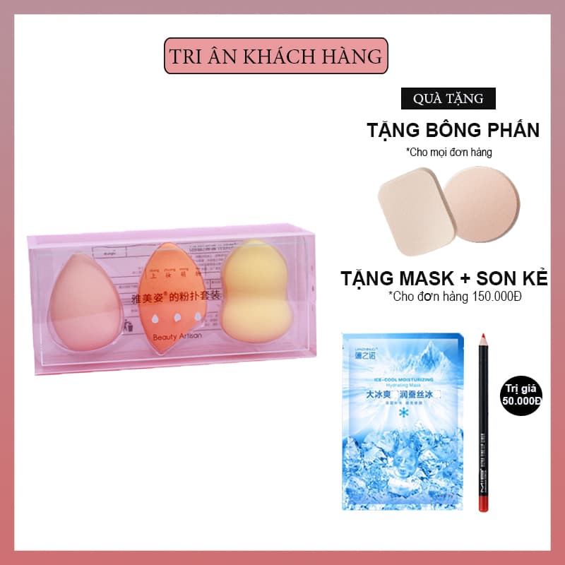 Bông mút trang điểm 1 hộp 3 bông siêu mềm mịn dễ sử dụng (giảm giá cực sốc)(khuyến mãi 3 ngày)