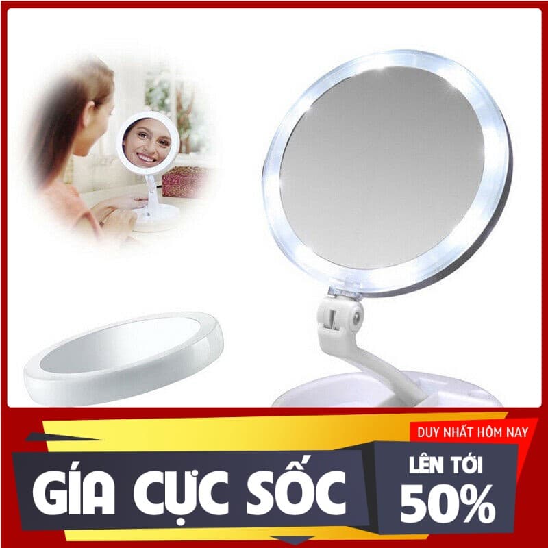 [RẺ VẢI CHƯỞNG] Gương trang điểm để bàn phấn có đèn led sạc kính tròn makeup phóng đại lật 2 mặt xoay 360 độ mini gấp gọn