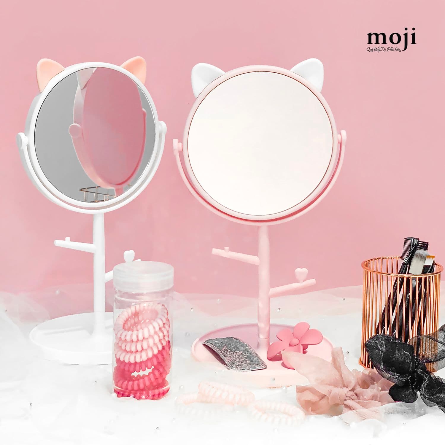 Gương Để Bàn Tai Mèo Dễ Thương Kèm Móc Treo Phụ Kiện Xoay 360 Độ - Gương Trang Điểm Mini Để Bàn