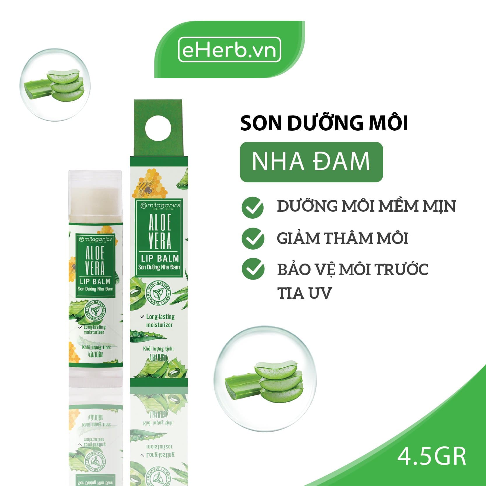 [HCM]Son Dưỡng Môi Nha Đam Tươi Dưỡng Ẩm Giảm Thâm Môi MILAGANICS 4.5g (Cây)