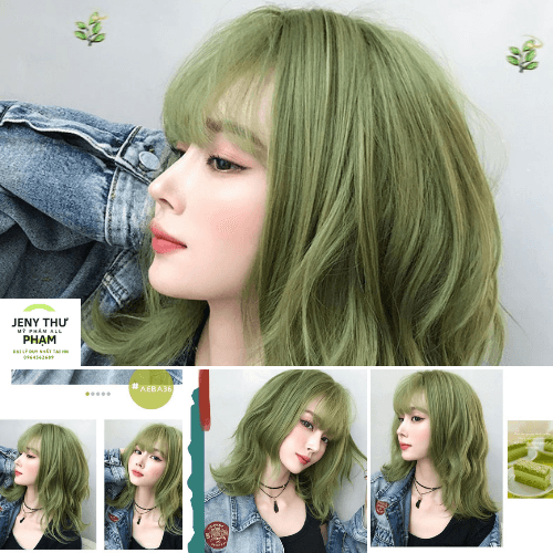 Thuốc nhuộm tóc màu xanh rêu khói-K tẩy-1 đập lên luôn [Tặng oxy trợ dưỡng bịt tai che trán bao tay bát chổi nhuộm] - Jeny Thư Phạm