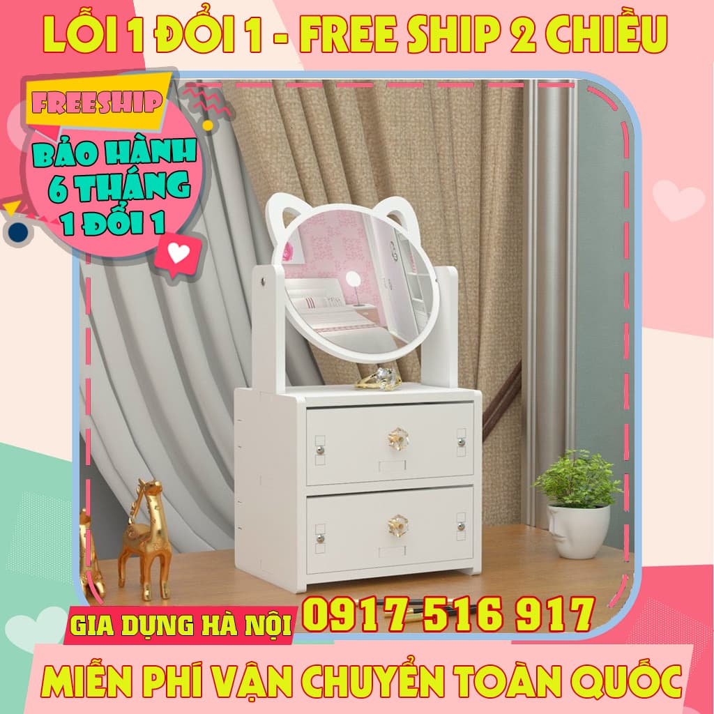 Kệ đựng mỹ phẩm 2 tầng có gương - Tủ đựng đồ trang điểm mini có ngăn kéo tiện dụng