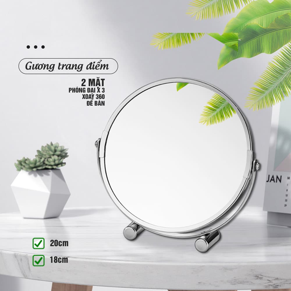 Gương trang điểm phóng đại 3 lần xoay 360 độ 2 mặt siêu nét để bàn Inox 304 Size 18cm 20cm Minh House G31