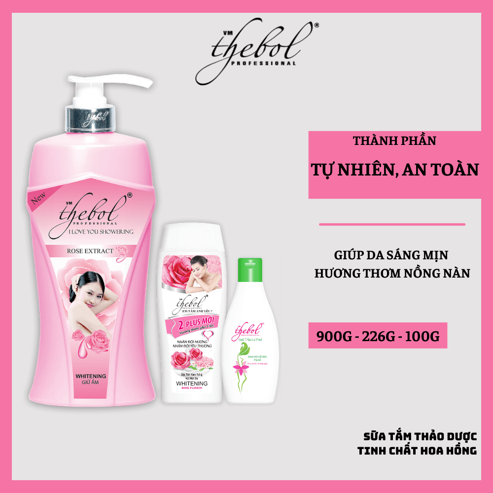 [HCM]Sữa Tắm Hoa Hồng Dưỡng Ẩm Trắng Da Tinh Chất Nước Hoa Thebol 900g + Sữa tắm trắng da hạt massage Thebol 226g + Dung dịch vệ sinh phụ nữ giảm viêm ngứa cao cấp Thebol 200g