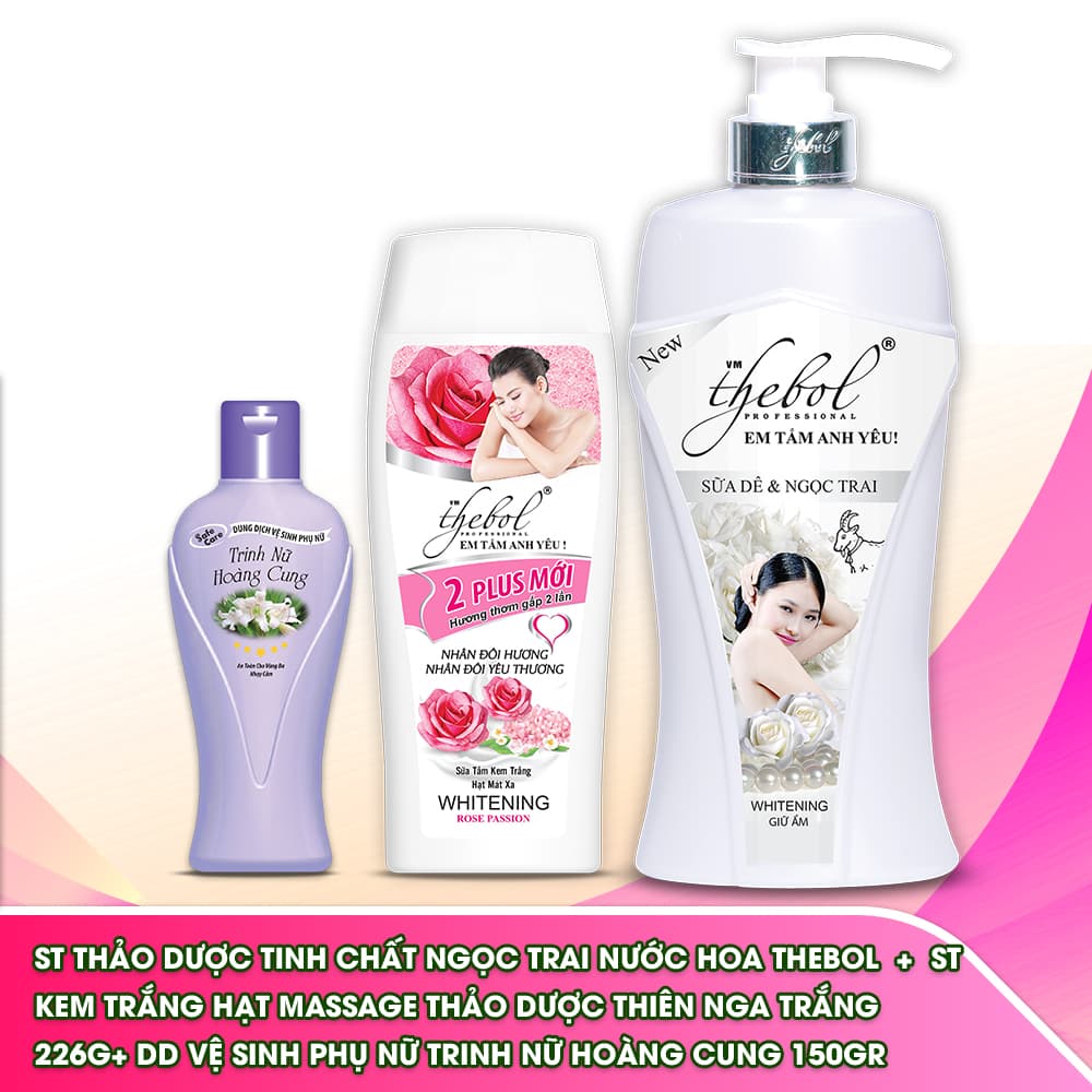 Sữa tắm nước hoa tinh chất ngọc trai thảo dược dưỡng ẩm trắng da Thebol 900g + Sữa tắm trắng da hạt masage Thebol 226g + Dung dịch vệ sinh phụ nữ chiết xuất từ cây trinh nữ hoàng cung giảm viêm ngứa khử mùi 150g