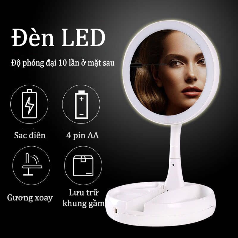 【Urbeauty】Gương soi trang điểm để bàn gấp gọn có đèn led kết nối USB và pin AA，Gương trang điểm có đèn led phát sáng có thể gấp gọn để bàn hoặc mang theo bên người tiện dụng，gương để bàn