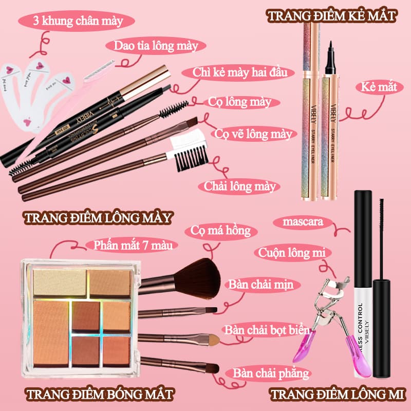 [HCM][Peachy Sis] Bộ trang điểm mắt trọn bộ 14 món-Bảng phấn mắt 7 màu+3 cọ bóng mắt + chì kẻ mắt + chì kẻ lông mày+tỉa lông mày+3cọ kẻ lông mày+3 khung kẻ lông mày+mascara+dụng cụ uốn mi+cọ má hồng