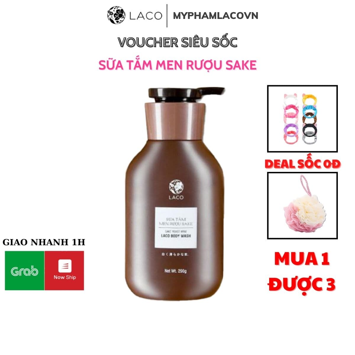 Sữa Tắm Men Rượu Sake + TẶNG KÈM BÔNG TẮM Giúp Trắng Sáng Dưỡng Da Sạch Sâu