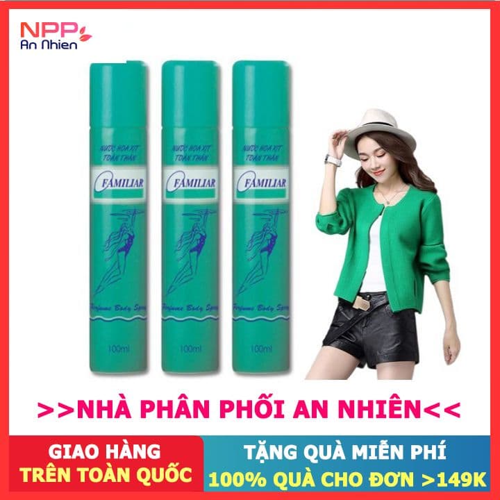 Combo 3 chai xịt nước hoa toàn thân Familiar fefume body spray (xanh) 100ml - NPP AN NHIÊN