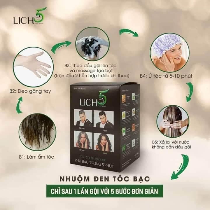 Dầu gội nhuộm tóc thảo dược Lich 5 phủ bạc trong 5 phút không hại da