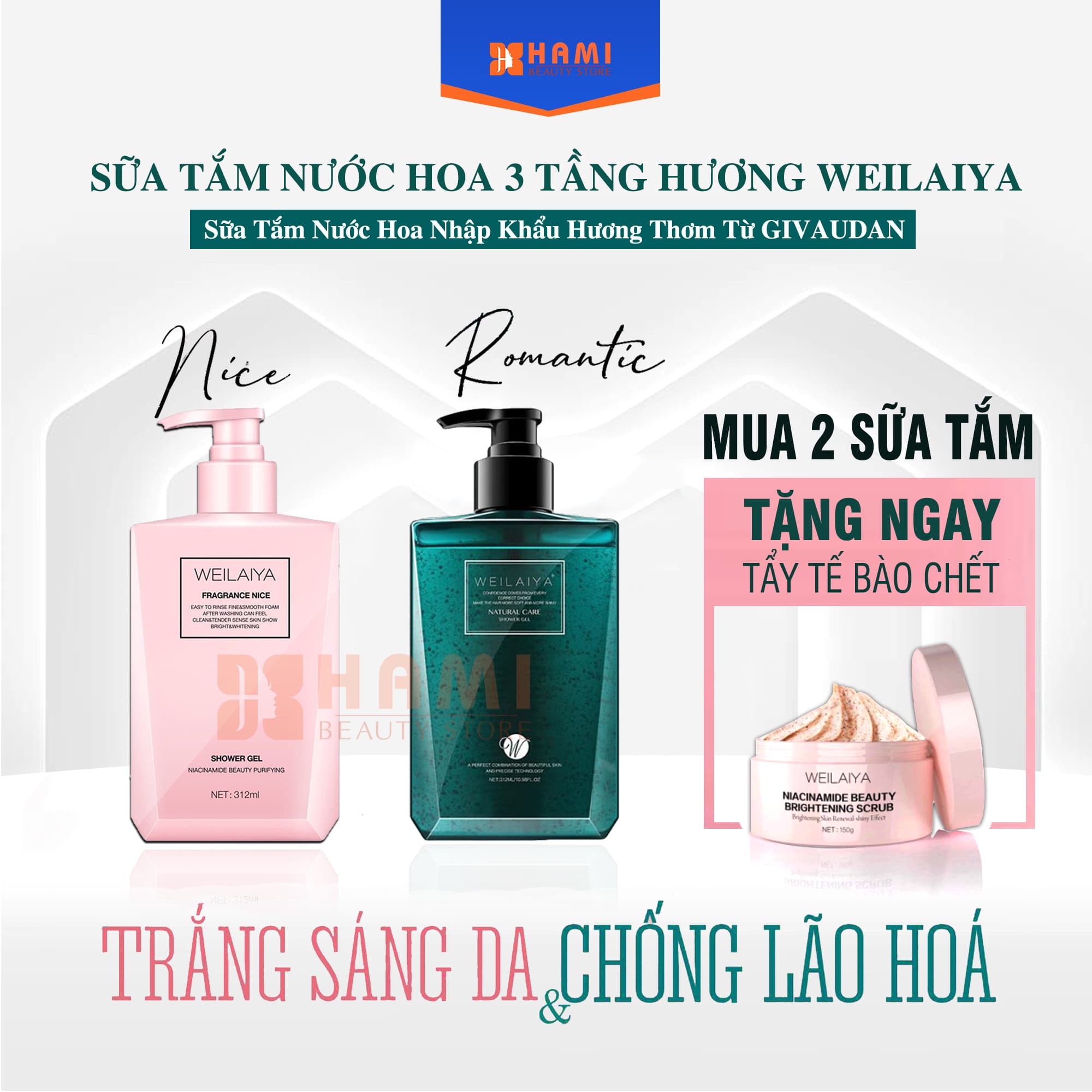 Combo 2 chai sữa tắm hương nước hoa Weilaiya chính hãng - Tặng tẩy tế bào chết trắng da Weilaiya