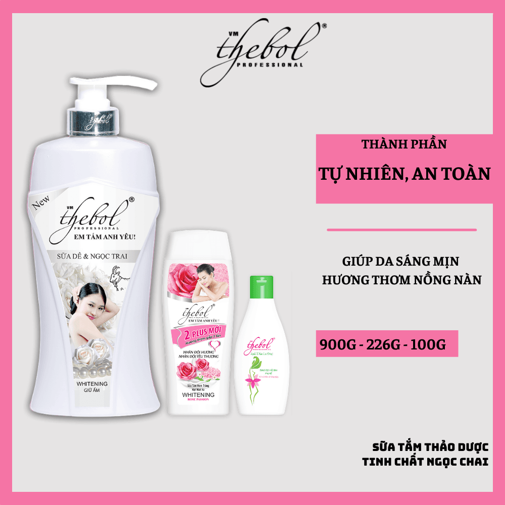 [HCM]Sữa tắm nước hoa tinh chất ngọc trai thảo dược dưỡng ẩm trắng da Thebol 900g + Sữa tắm trắng da hạt masage Thebol 226g + Dung dịch vệ sinh phụ nữ cao cấp Thebol 200g