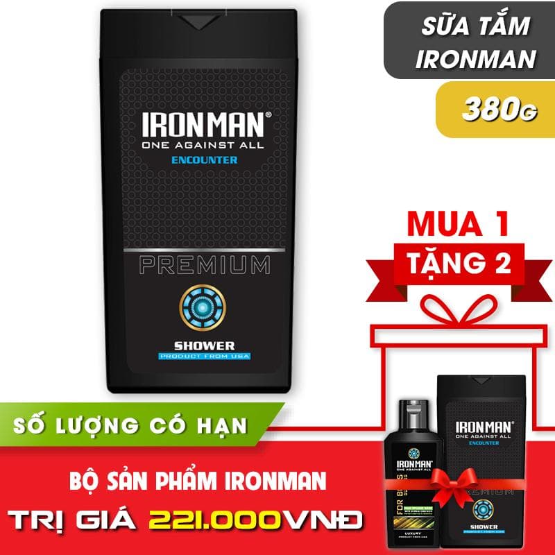 [HCM]Sữa tắm nam hương nước hoa thơm lâudành cho da nhờn Ironman Encounter 380g Tặng sữa tắm nhiệt Ironman Encounter 380g và dung dịch vệ sinh nam tinh chất thảo dược 120g