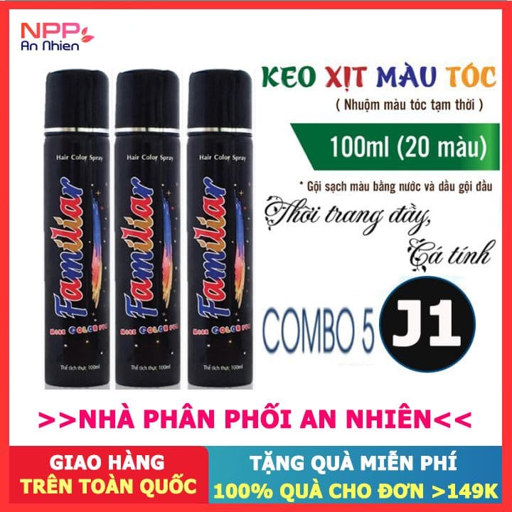 Combo 5 chai Xịt tóc màu tạm thời chuẩn salon Familiar 100ml (J1 màu đen)- Đơn 300k nhận quà 30K NPP AN NHIÊN