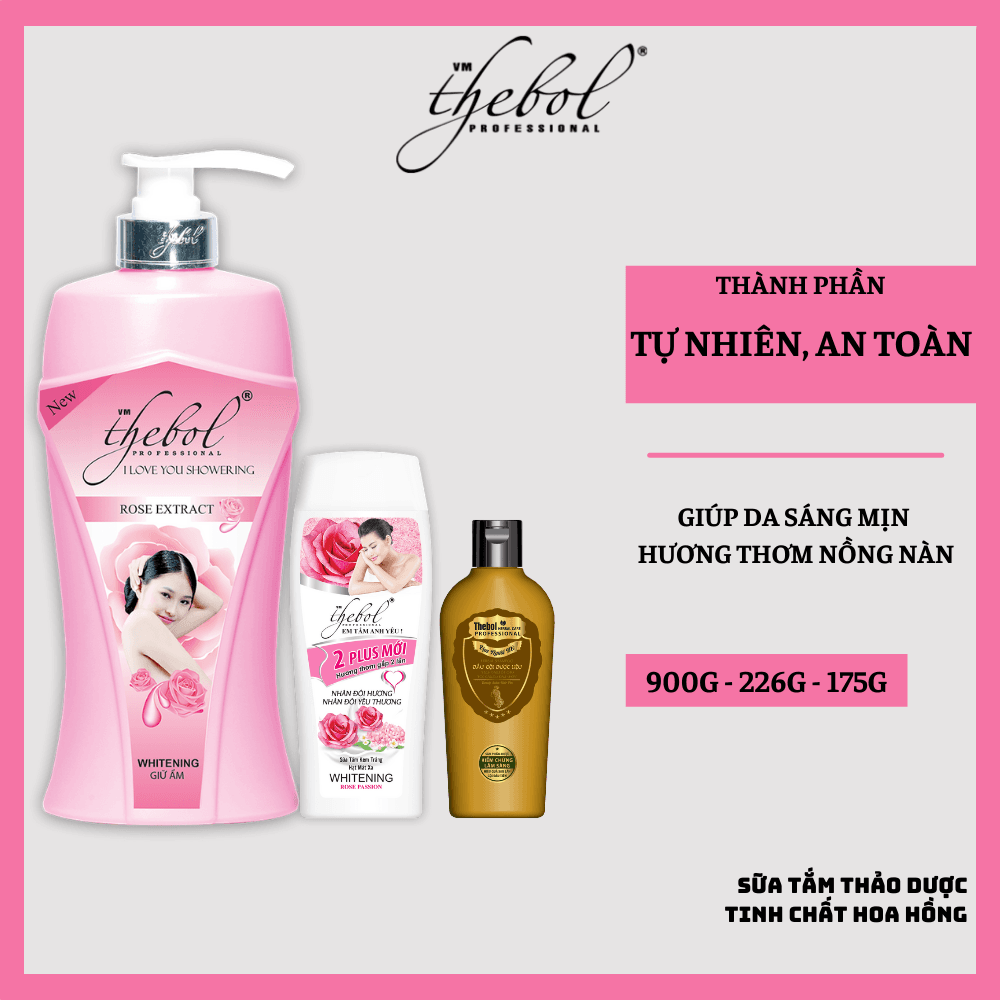 [HCM]Sữa Tắm Hoa Hồng Dưỡng Ẩm Trắng Da Tinh Chất Nước Hoa Thebol 2plus 650g + Sữa tắm trắng da hạt massage Thebol 226g + Dầu gội dược liệu sạch Thebol giảm gàu 175g