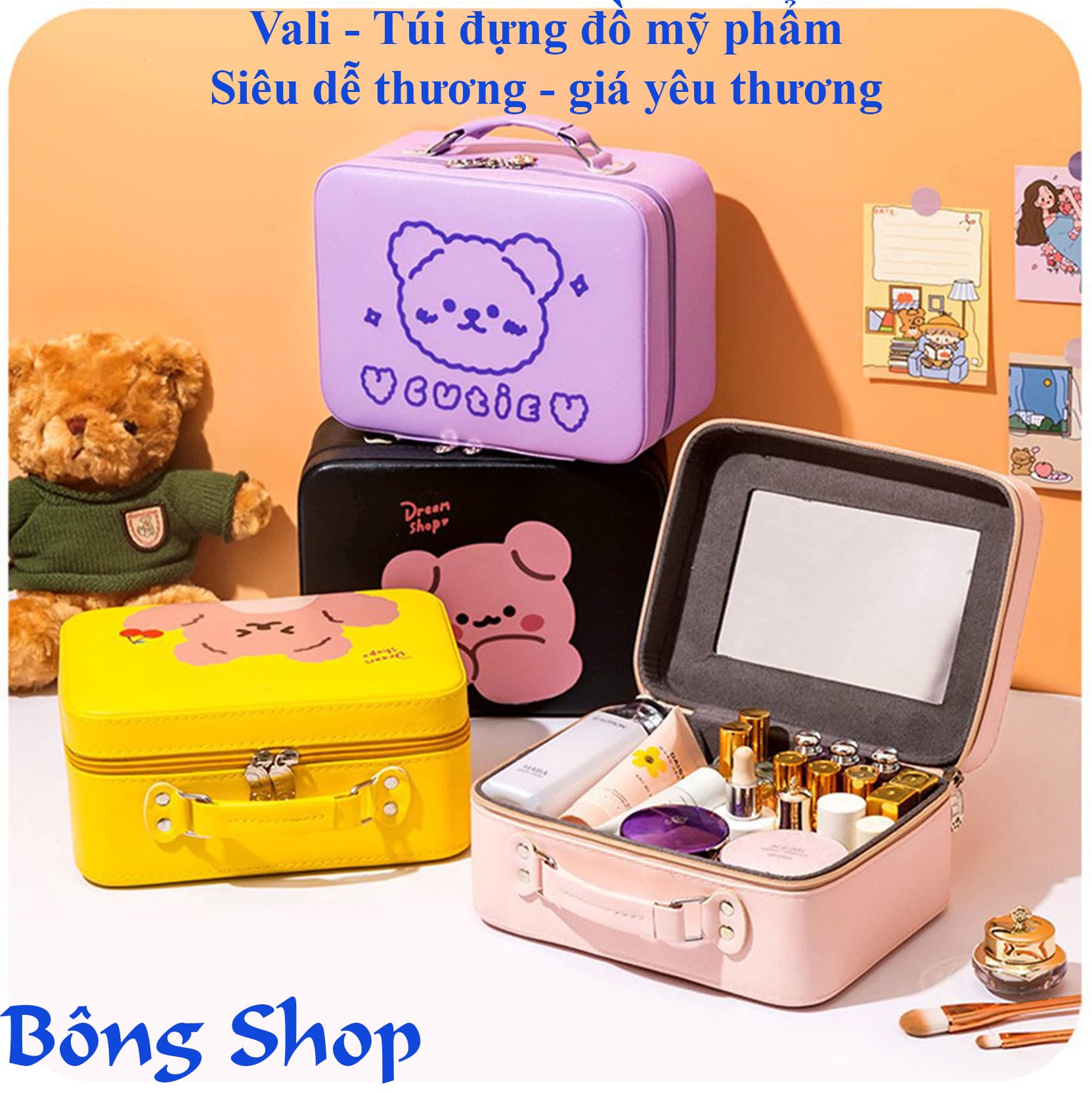 Túi đựng mỹ phẩm trang điểm có gương Vali Mini đựng đồ dùng cá nhân  Cốp đựng mỹ phẩm trang điểm tiện dụng để bàn phòng ngủ phòng khách văn phòng và đi du lịch