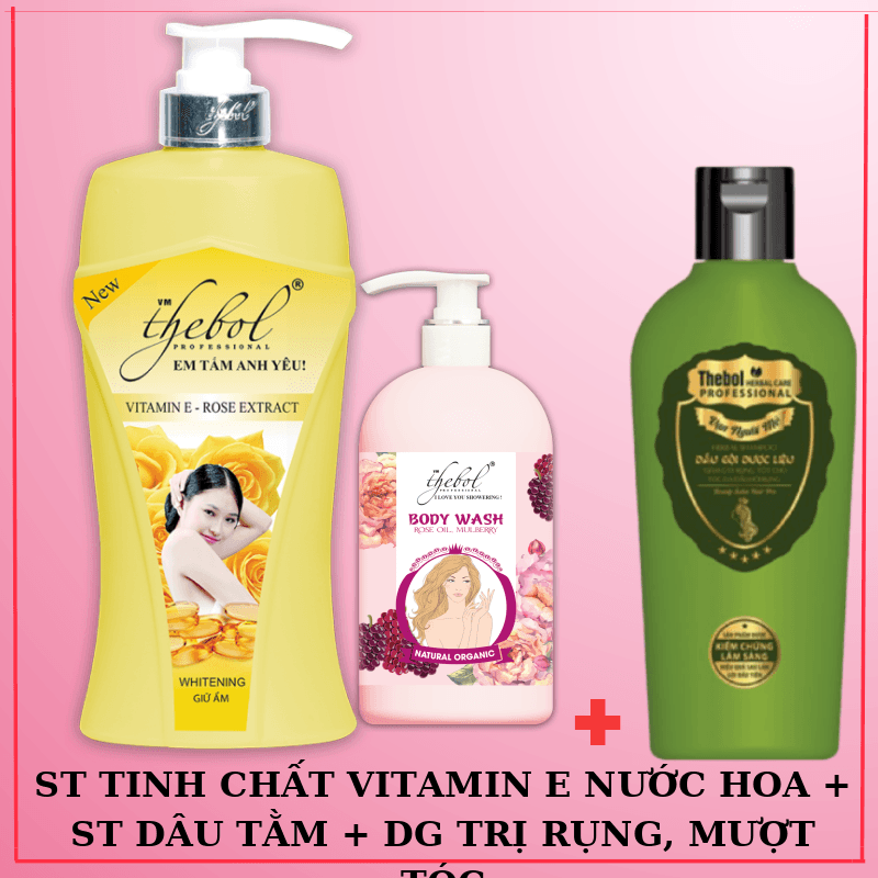 [HCM]Sữa Tắm Vitamin E Hoa Hồng Dưỡng Ẩm Trắng Da Tinh Chất Nước Hoa Thebol 1200g + Sữa tắm tinh dầu dâu tằm dưỡng ẩm trắng da + Dầu gội kích thích mọc tóc giảm rụng mượt tóc chiết xuất dược liệu sạch Giảm Rụng Thebol 175g