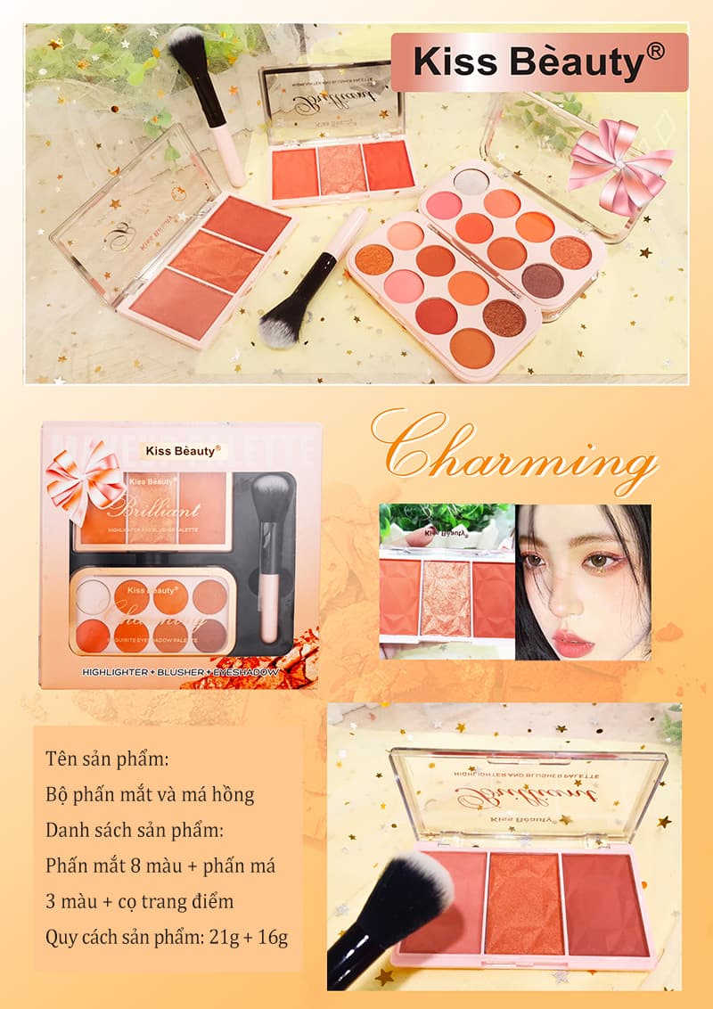 [HCM]【Kiss Belle】Bộ 3 mỹ phẩm KISS BEAUTY Phấn mắt+ Điểm nổi bật +Má hồng+ Cọ má hồng
