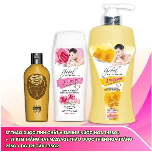 [HCM]Sữa tắm nước hoa tinh chất Vitamin E thảo dược dưỡng ẩm trắng da Thebol 2 Plus 650g +Sữa tắm trắng da hạt massage Thebol 226g +  Dầu gội  dược liệu sạch Thebol Trị gàu  175g