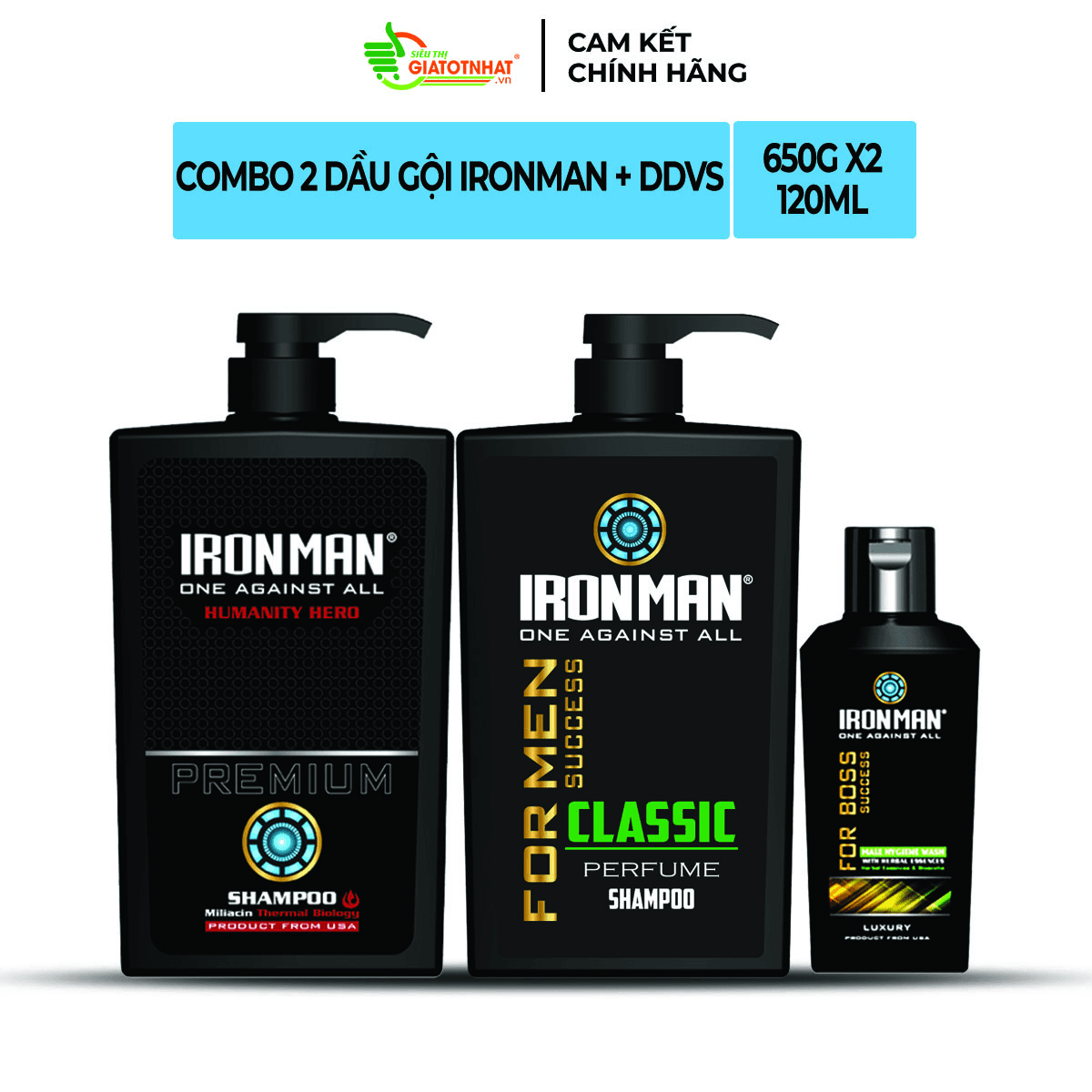[HCM]Dầu gội hương nước hoa nam  Ironman Encounter 650g(Combo 2 chai) + Dung dịch vệ sinh nam tinh chất thảo dược Ironman for Boss 120g