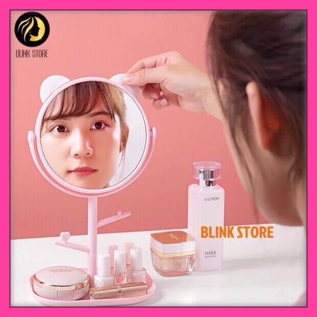 Gương trang điểm để bàn hình tai mèo đáng yêu chất liệu nhựa ABS cao cấp thiết kế đa năng 2 trong 1 gồm gương soi kèm khay kệ để trang sức mỹ phẩm tiện lợi tạo điểm nhấn siêu xinh cho bàn trang điểm