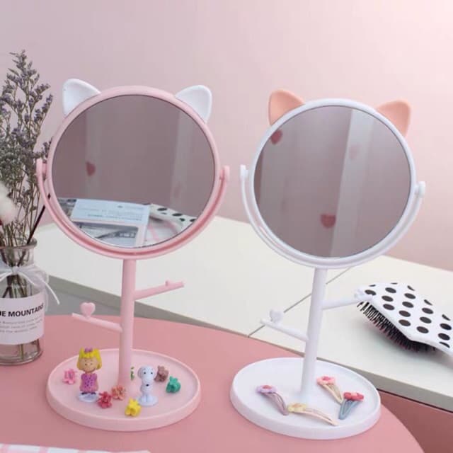 Gương Trang Điểm Mini Để Bàn - Gương Để Bàn Tai Mèo Dễ Thương Kèm Móc Treo Phụ Kiện Xoay 360 Độ