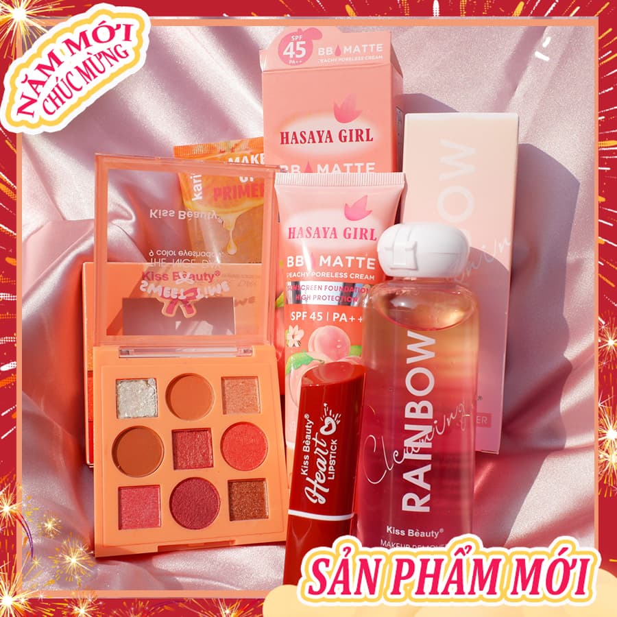 [HCM][Peachy Sis Shop] Bộ mỹ phẩm Kiss Beauty-5 món đầy đủ(Kem cách ly Trong suốt+kem BB+9 bóng mắt+Son môi+Dầu tẩy trang dạng nước)