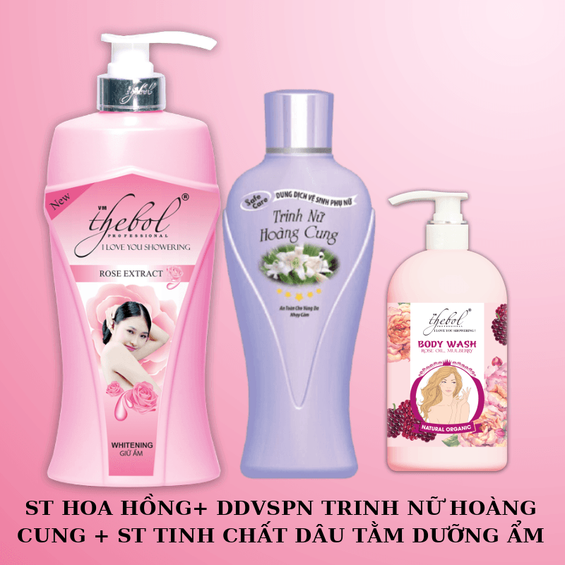 [HCM]Sữa Tắm Hoa Hồng Dưỡng Ẩm Trắng Da Tinh Chất Nước Hoa Thebol 1.2kg + Sữa Tắm Hoa Hồng Dâu Tằm Tinh Dầu Thơm Thảo Dược Dưỡng Ẩm Trắng Sáng Thơm mềm mịn Thebol 5plus + Dung dịch vệ sinh phụ nữ trinh nữ hoàng cung Thebol 150gr