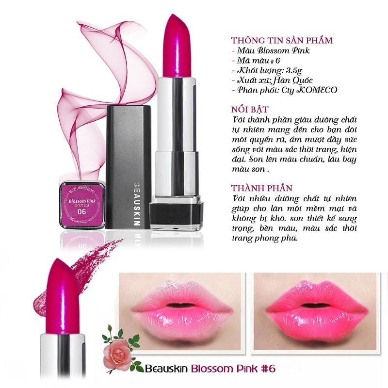 Son môi lâu trôi nhiều dưỡng Beauskin Crystal Lipstick No.6 3.5g ( Hồng tím)