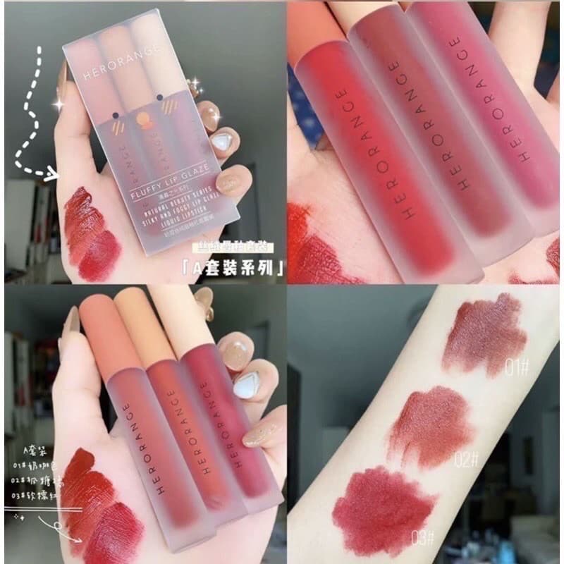Set 3 Cây Son Kem Lì Herorange Fluffy Lip Glaze Hàng Nội Địa Trung