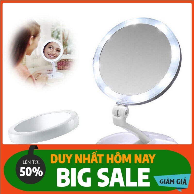 [Hàng chuẩn] Gương trang điểm để bàn phấn có đèn led sạc kính tròn makeup phóng đại lật 2 mặt xoay 360 độ mini gấp gọn