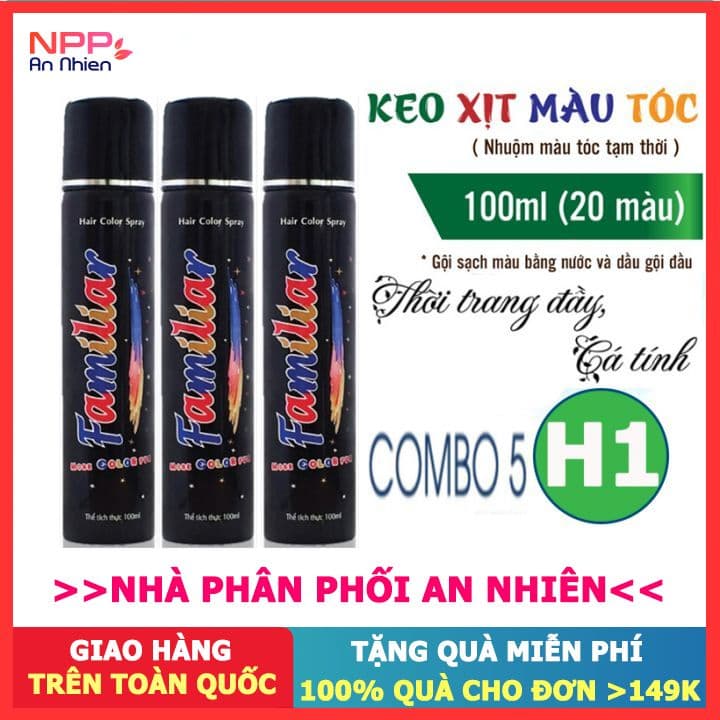 Combo 5 chai Xịt tóc màu tạm thời chuẩn salon Familiar 100ml (H1 Xanh lá)- Đơn 300k nhận quà 30K NPP AN NHIÊN