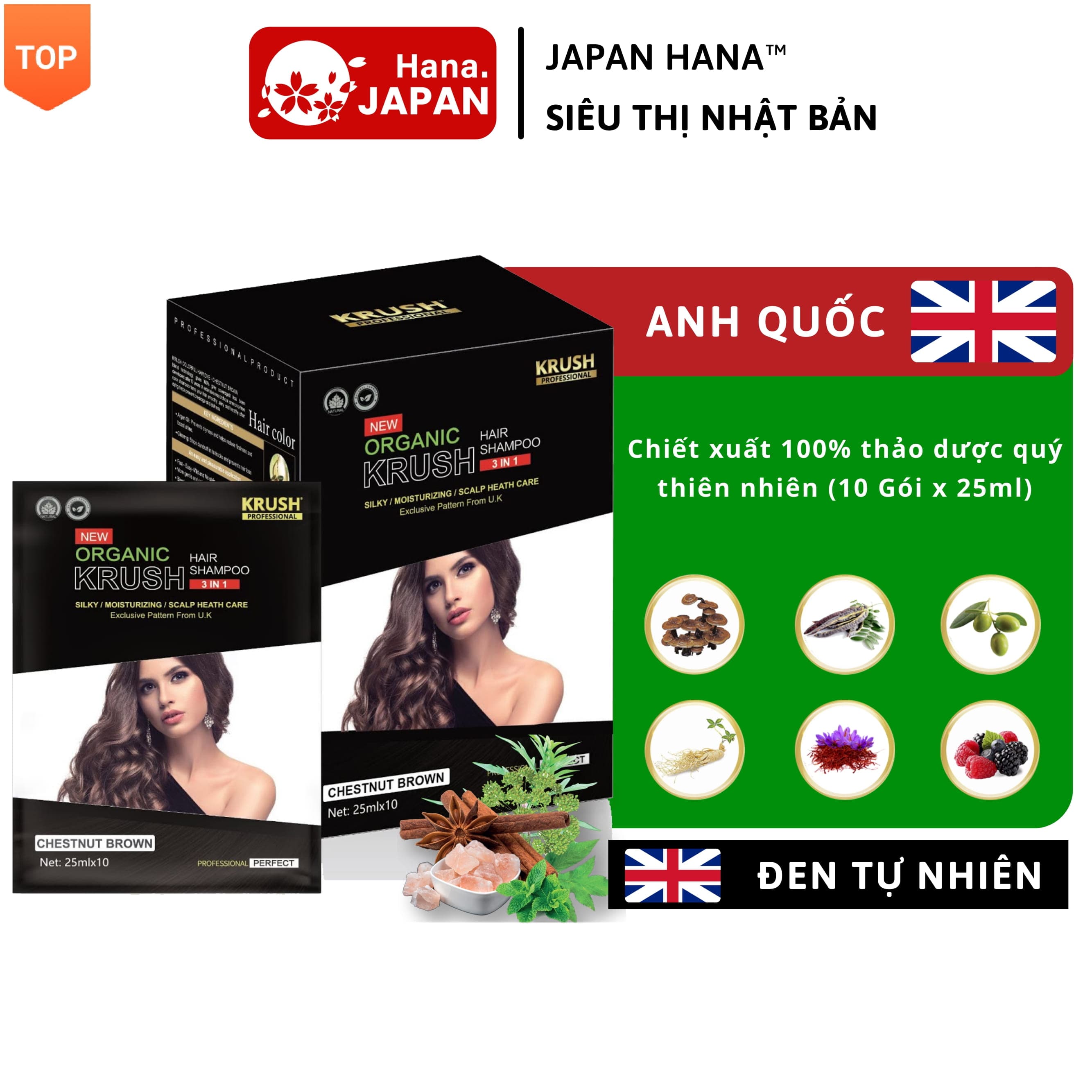[10 gói x 25ml - Đen Tự Nhiên] Dầu gội nhuộm tóc hữu cơ Krush Chiết xuất 100% thảo dược thiên nhiên