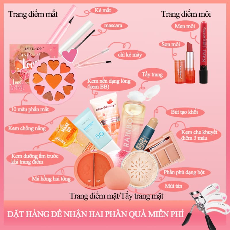 [HCM][Peachy Sis] 【Có 2 phần quà miễn phí / Nhận phiếu giảm giá 40.000】15 pcs Bộ mỹ phẩm trang điểm hoàn chỉnh set người mới bắt đầu không thấm nước nữ sinh viên trang điểm nhẹ tự nhiên