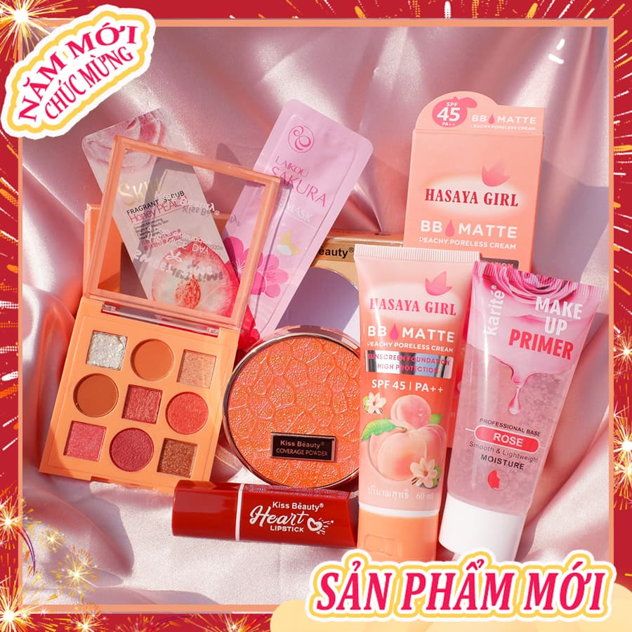 [HCM][Peachy Sis Shop] Trọn bộ mỹ phẩm Chuẩn 7 món cơ bản giá tốt(Kem cách ly Trong suốt+kem BB+9 bóng mắt+Phấn trang điểm hai lớp+Son môi+Mặt nạ+Gel tẩy tế bào chết)