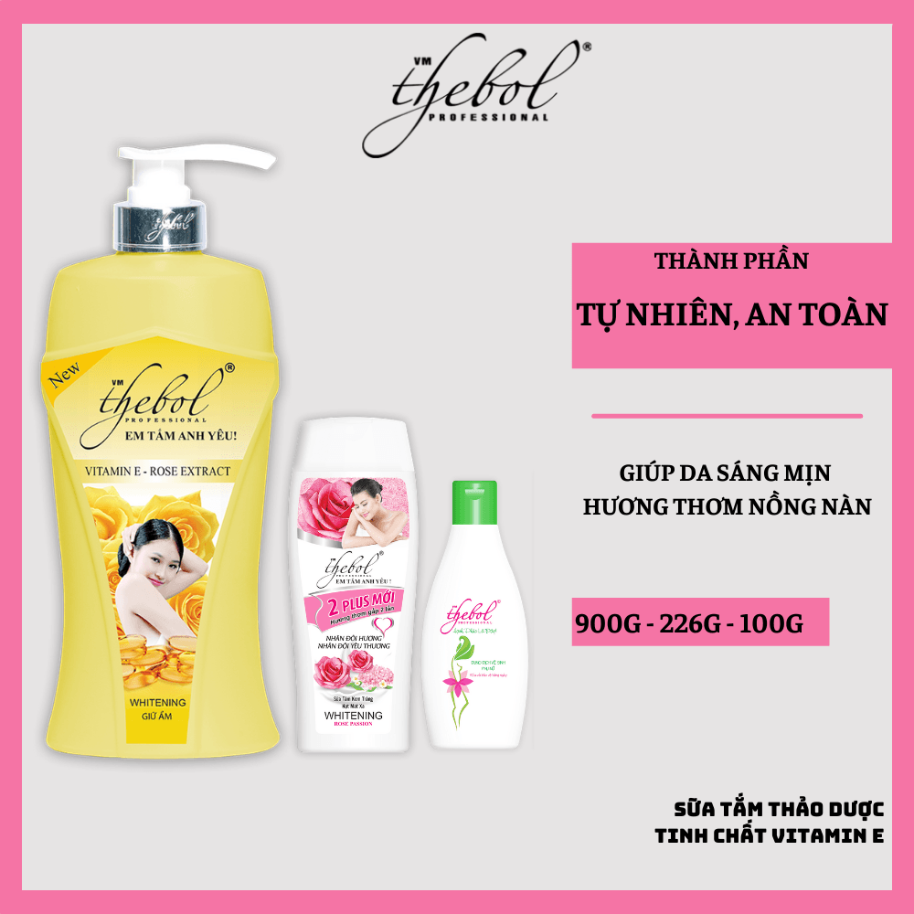 [HCM]Sữa Tắm Vitamin E Hoa Hồng Dưỡng Ẩm Trắng Da Tinh Chất Nước Hoa Thebol 900g + Sữa tắm trắng da hạt masage Thebol 226g + Dung dịch vệ sinh phụ nữ khử mùi giảm viêm ngứa Thebol cao cấp  200g
