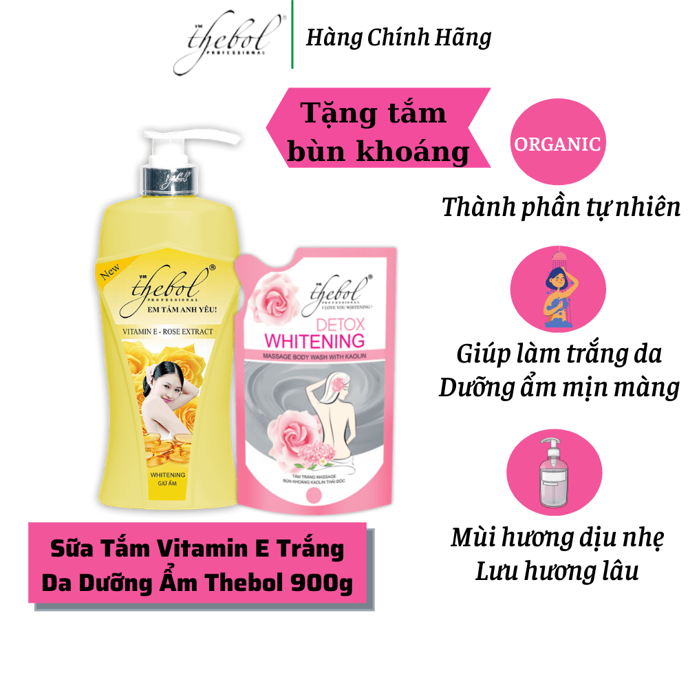 [HCM]Sữa Tắm Vitamin E Hoa Hồng Dưỡng Ẩm Trắng Da Tinh Chất Nước Hoa Thebol 900g + Tắm trắng massage Bùn Khoáng Kaolin Thebol 450g