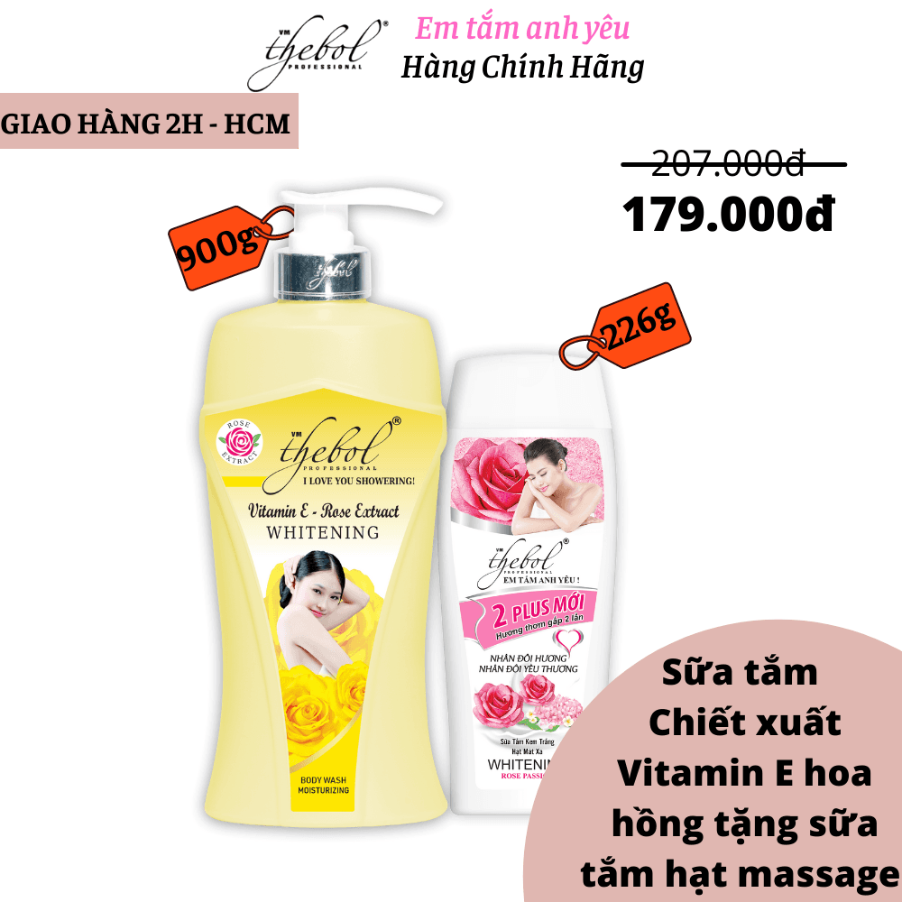 [HCM]Sữa Tắm Vitamin E Hoa Hồng Dưỡng Ẩm Trắng Da Tinh Chất Nước Hoa Thebol 900g + Sữa tắm trắng da hạt massage Thebol 226g